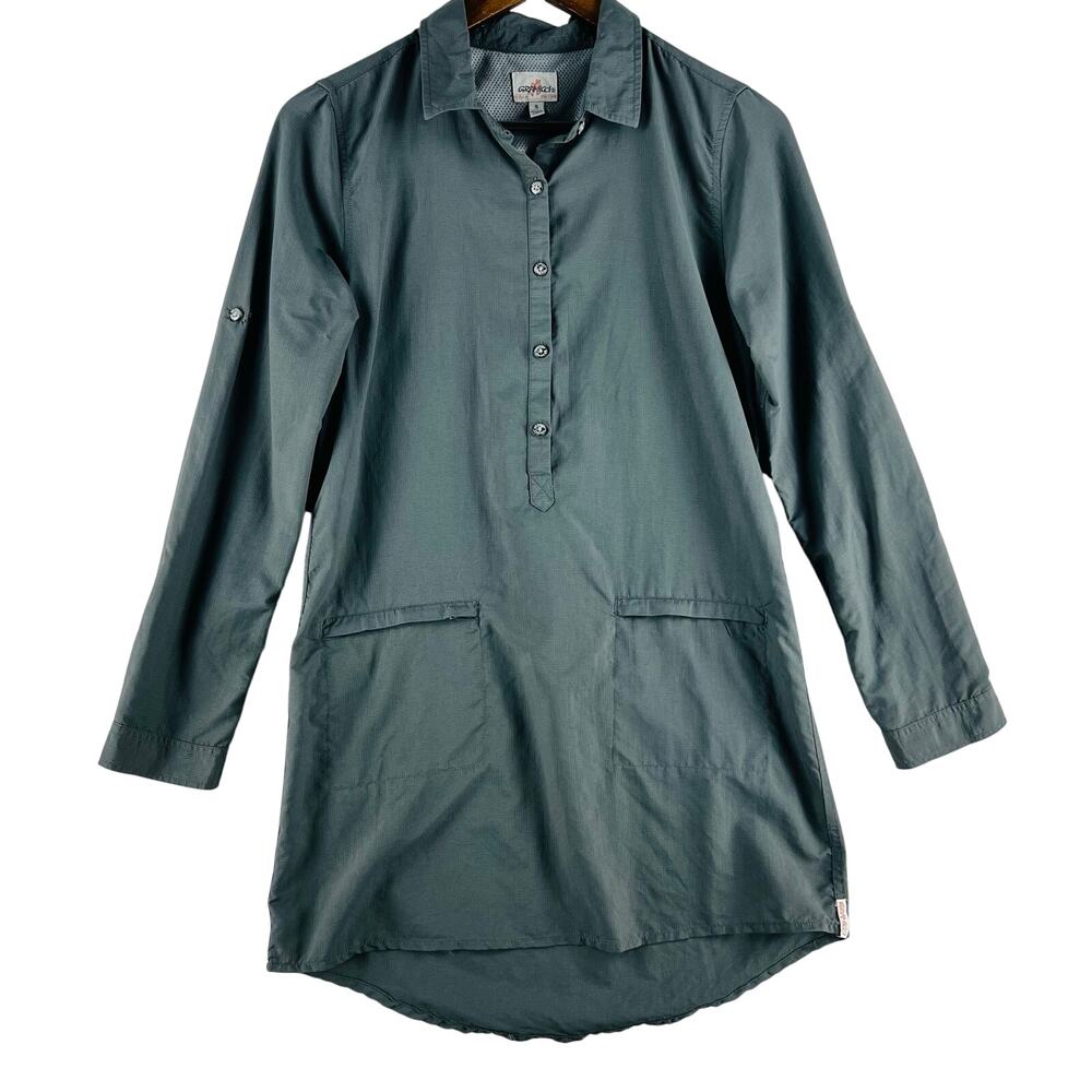 Gramicci Women’s Nylon Popover Shirt Dress SZ S Sage Grey Roll Tab Sleeve Tunic